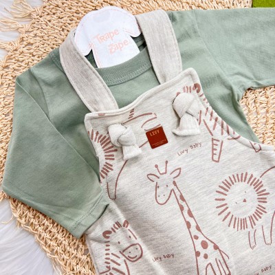  Conj. Blusa Manga Longa e Jardineira Safari de Moletom - Mescla e Verde